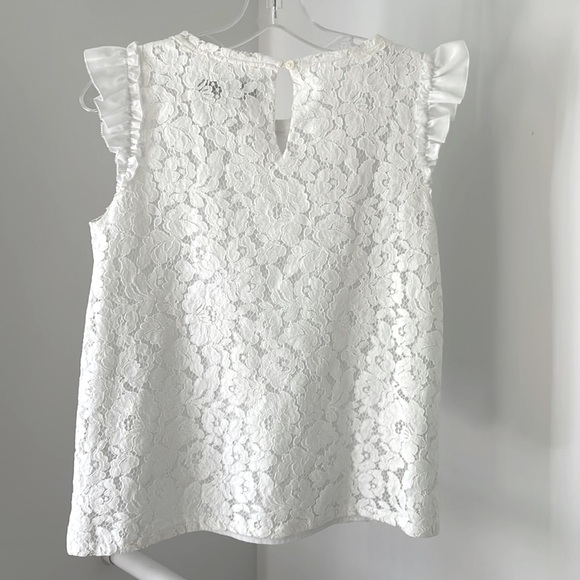 LOFT XS White Flutter Sleeve Blouse with Lace Overlay - Picture 3 of 6